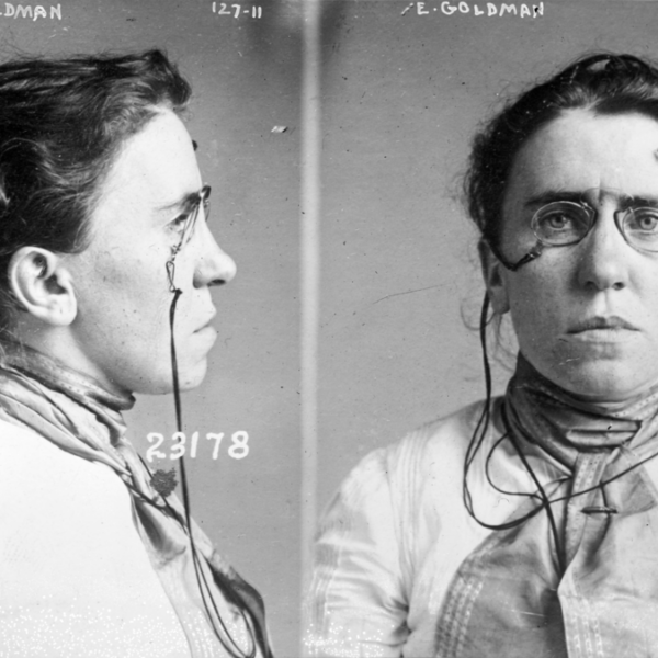 Black and white mugshots of Emma Goldman, profile and front views