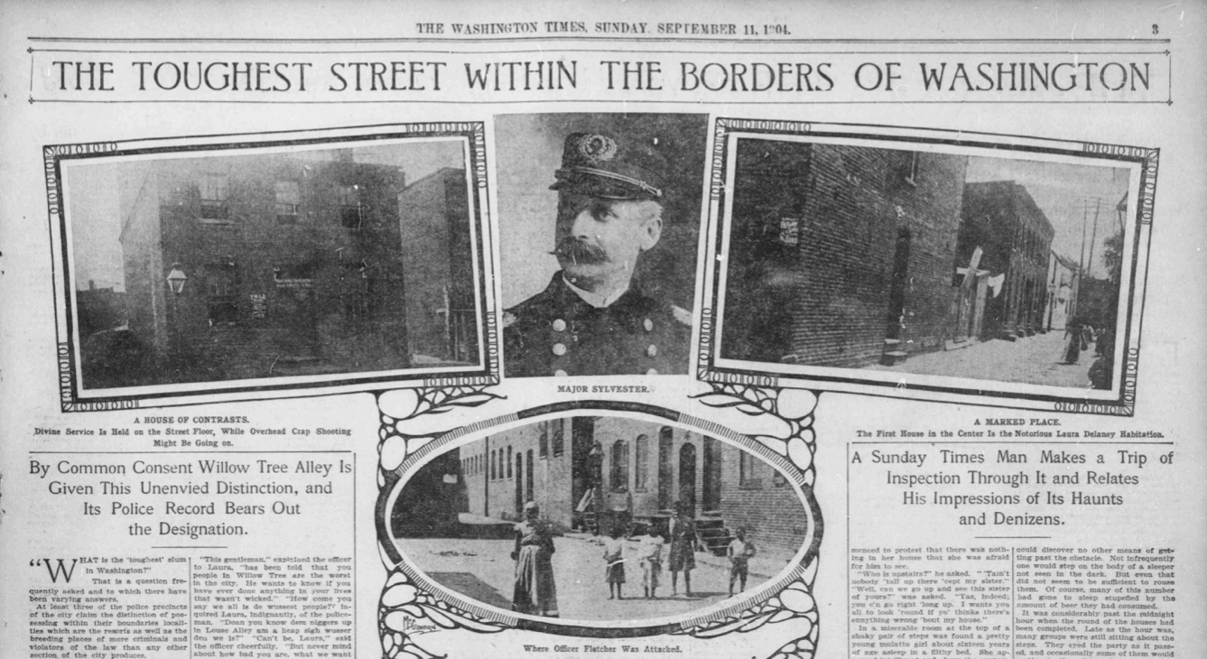Newspaper front page with three photos of alleys and a photo of a man in center