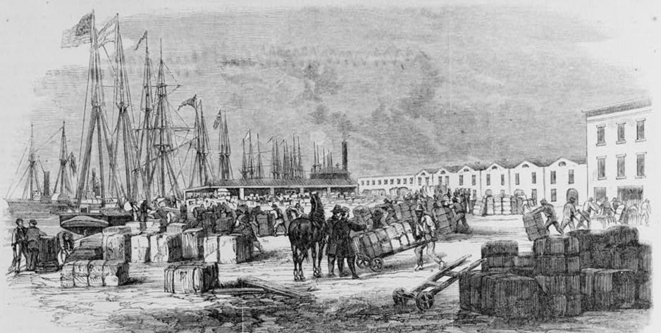 Black and white sketch of shipping harbor with people moving stacked bales of cotton.